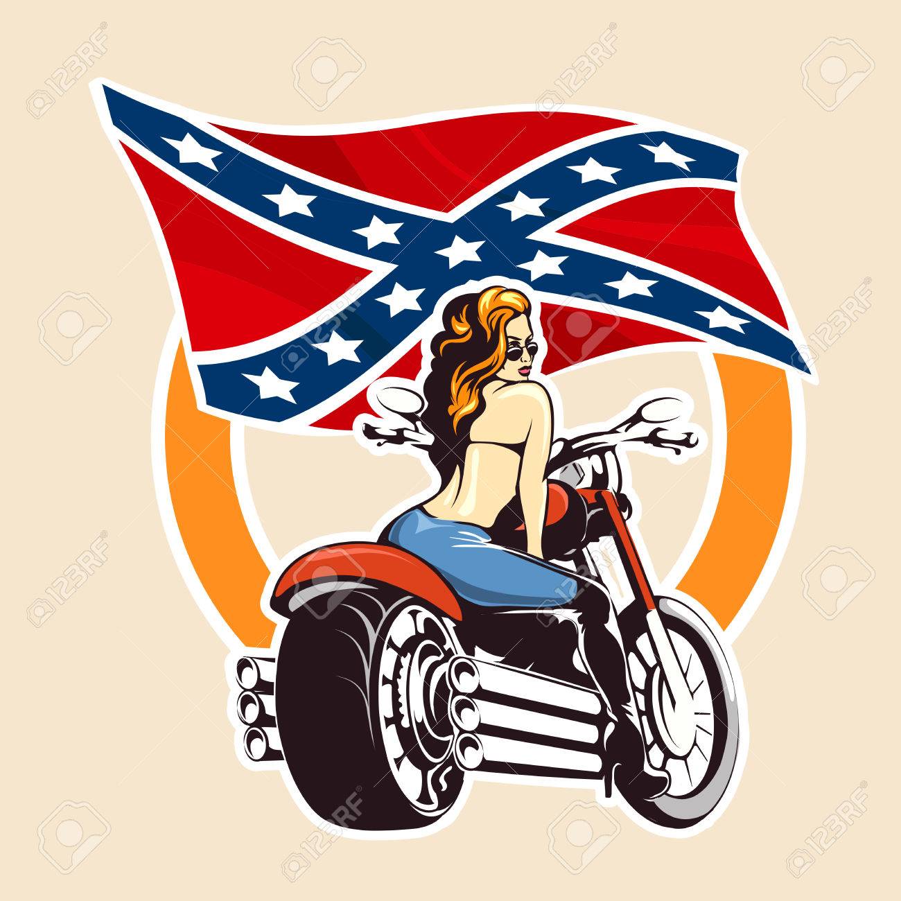Sexy Girl ride a motorcycle against confederate flag. Bikers Club or bikers festival emblem or sticker.